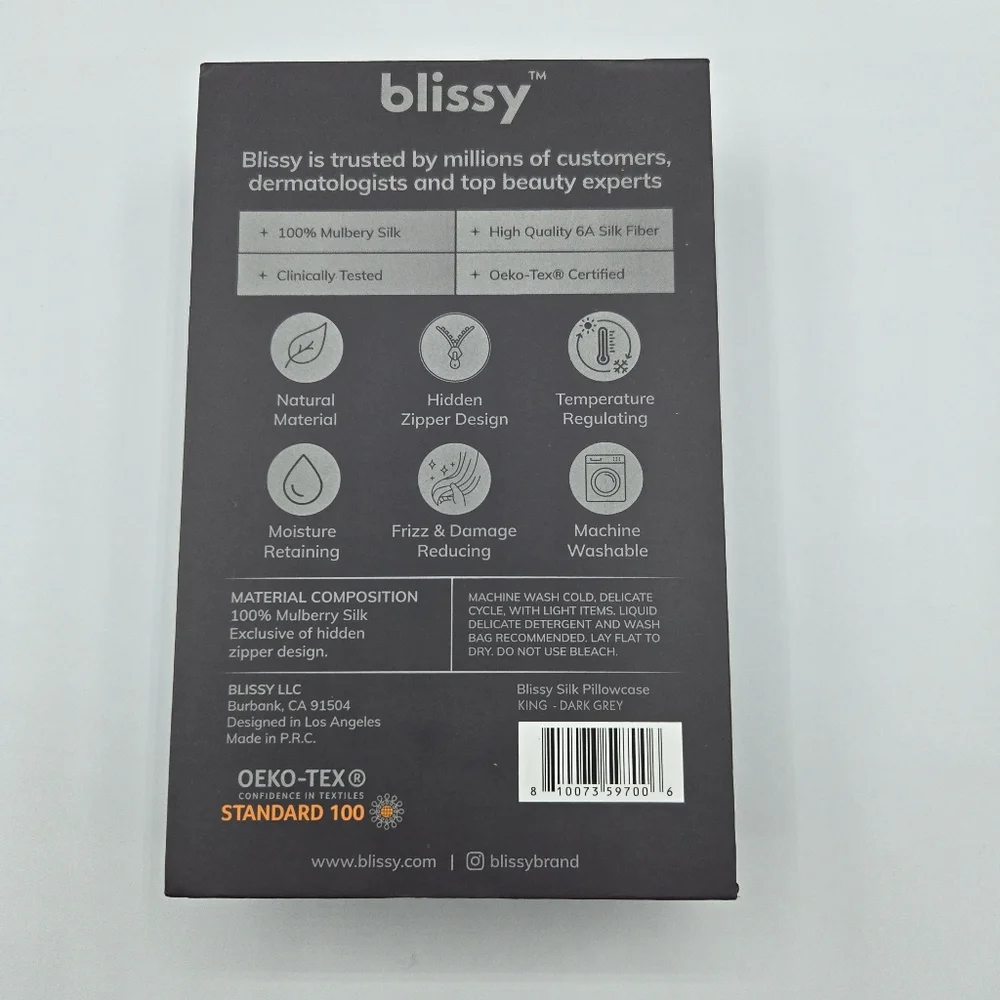 NWT Blissy Pillowcase, Dark Gray, Sandard/Queen Or King Size